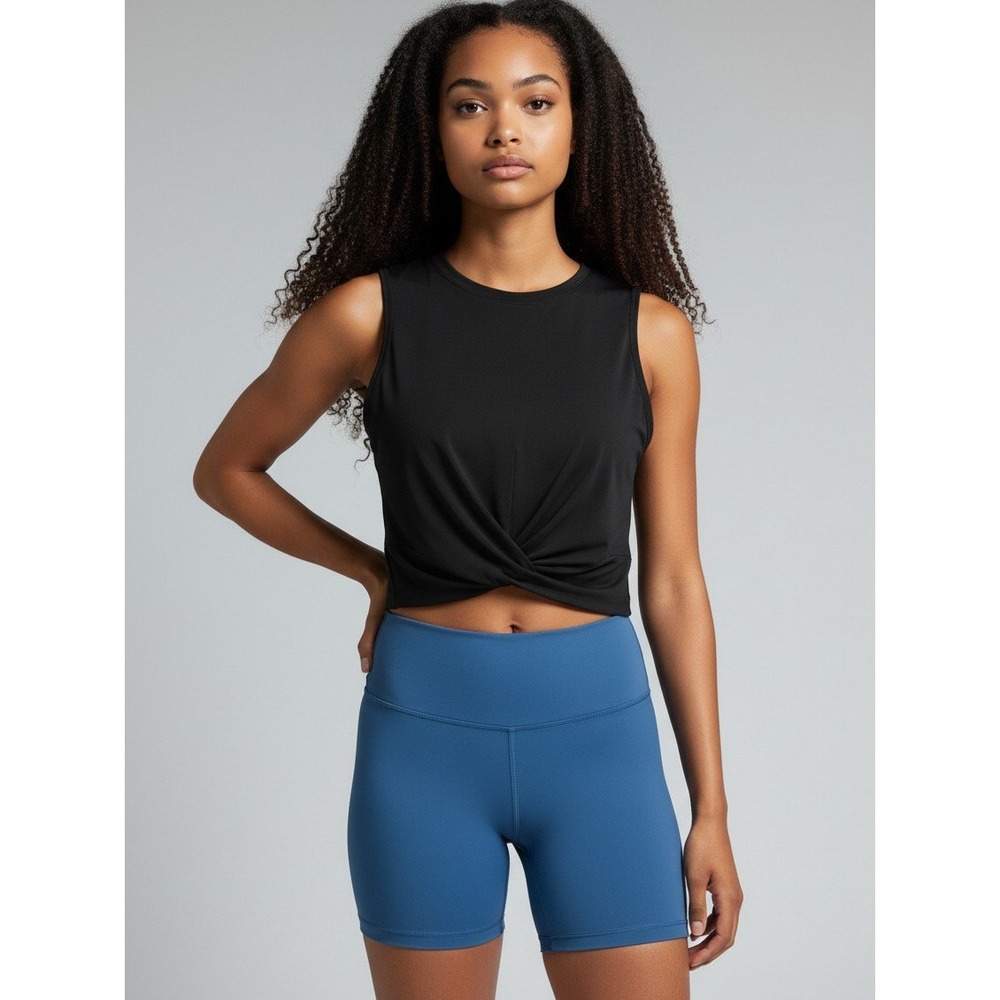Womens Black Athletic Crop Top Front Knot Twist Yoga Tank Sleeveless